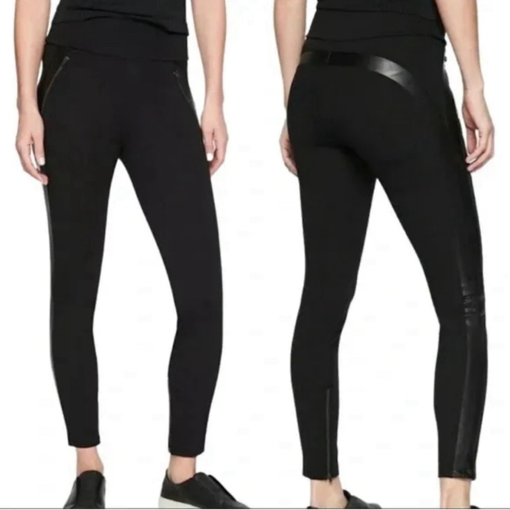 Athleta Siena black leggings, faux leather trim, zipper detail size 6
